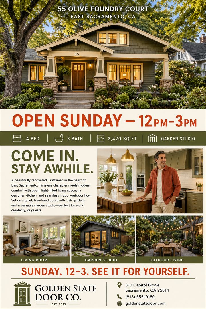 Open house flyer template with a craftsman home, open Sunday banner and feature photos